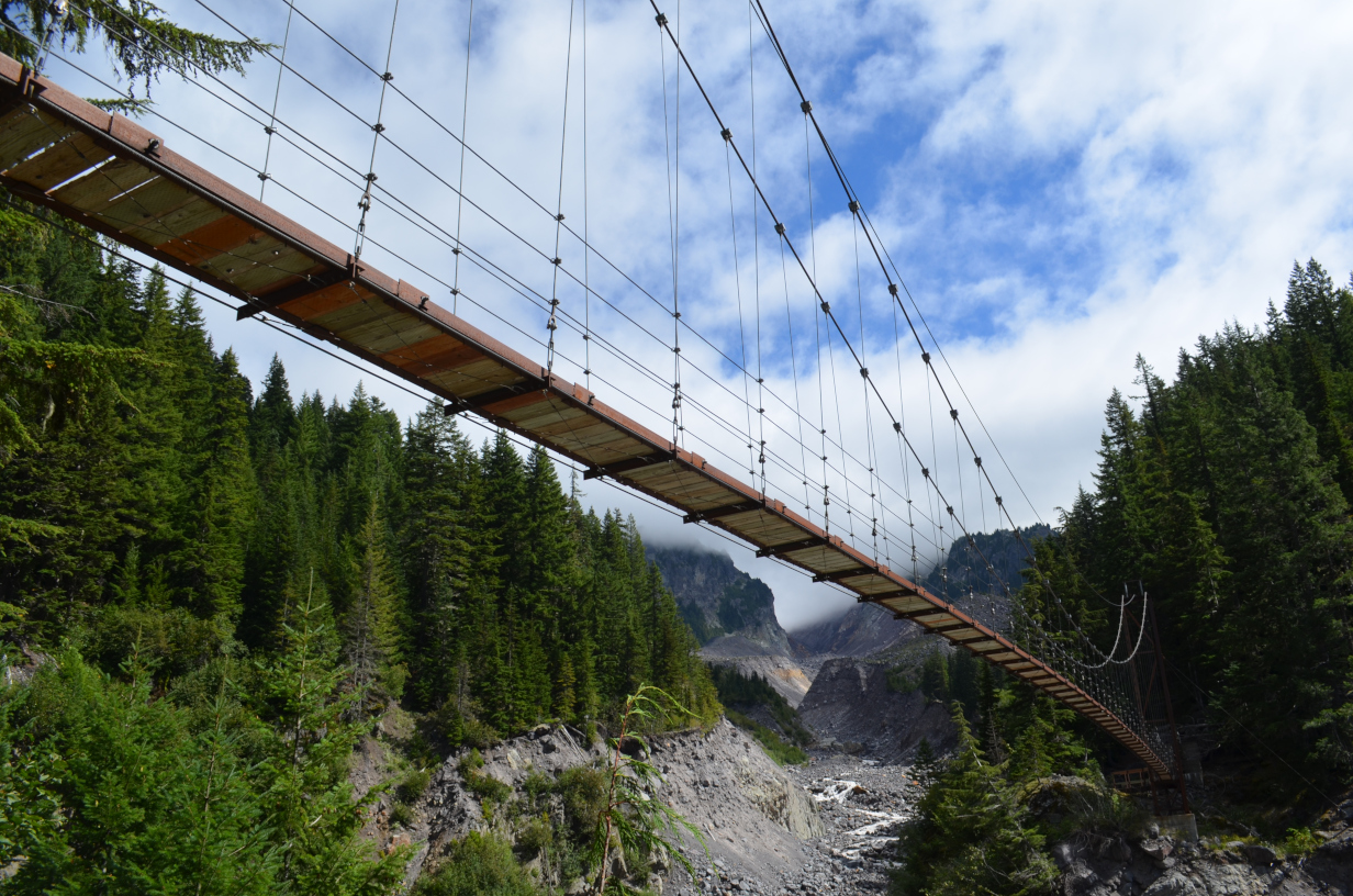 Tahoma Creek Suspension Bridge from a little below and downstream
